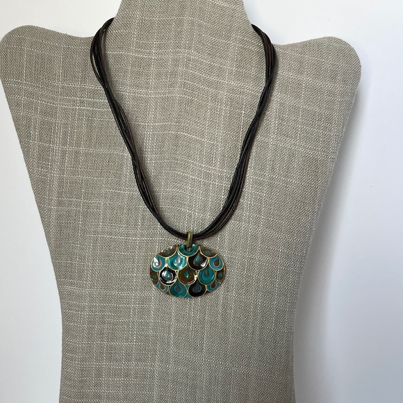 Chico's Pendant Necklace Peacock Blue Green Black Multi Strand Cord - Picture 1 of 8